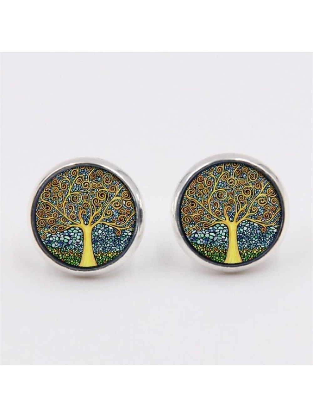 Golden Tree of Life Painting Glass Cabochon Round Silver Plated Stud Earrings